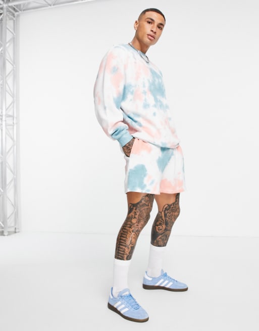 ASOS DESIGN oversized waffle sweatshirt and shorts set in tie dye