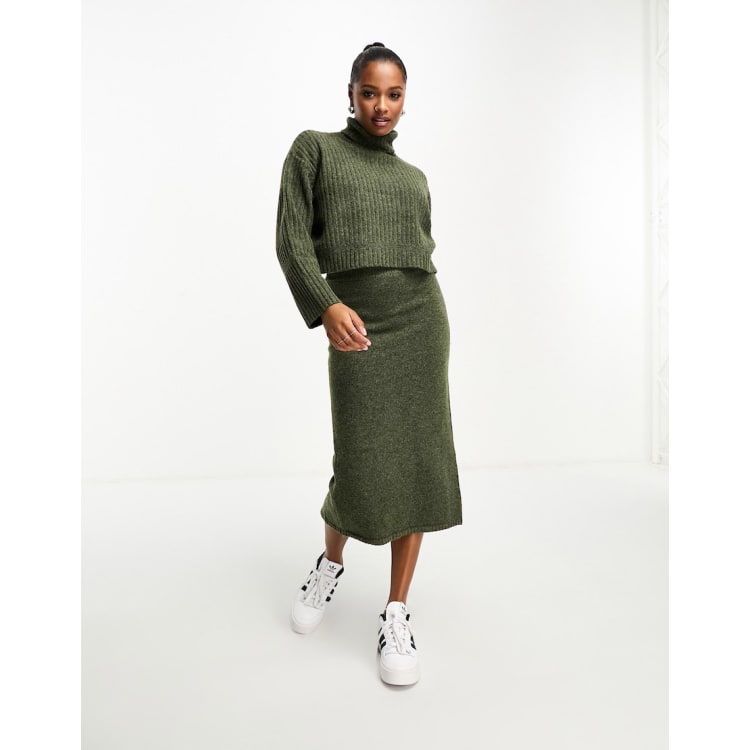 ASOS DESIGN Petite boxy sweater in rib with roll neck u0026 midi skirt set in  khaki | ASOS
