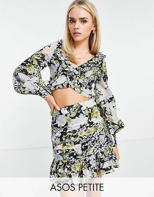ASOS DESIGN Petite co-ord ruffle detail floral crop top and ruched skirt with pe