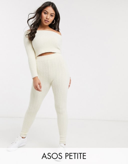 ASOS DESIGN Petite fluffy yarn ribbed co-ord in Cream | ASOS