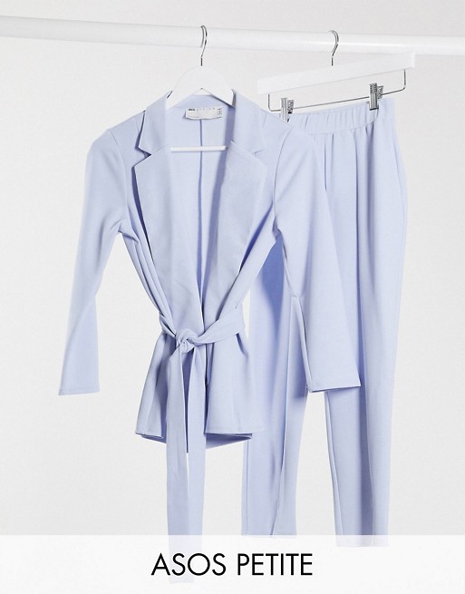ASOS DESIGN Petite jersey wrap suit in pale blue