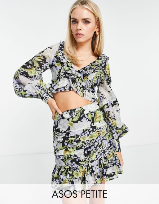 ASOS DESIGN Petite set ruffle detail floral crop top and ruched skirt with pe