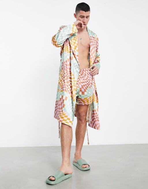 ASOS DESIGN - Pigiama da casa con camicia e pantaloncini in raso con stampa in coordinato