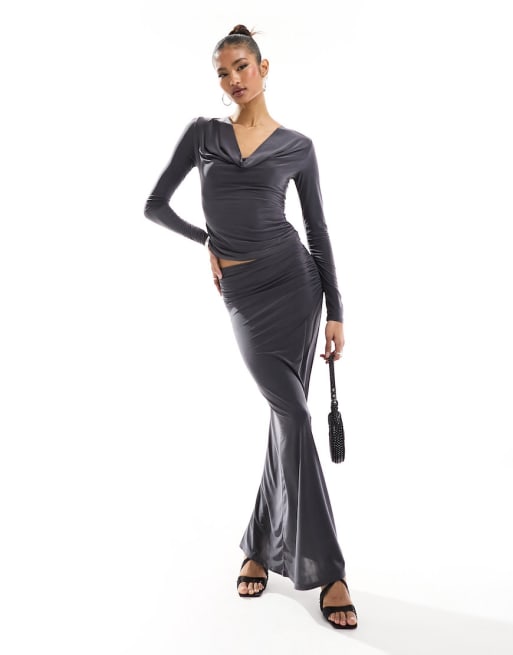 ASOS DESIGN plunge neck cowl top and skirt in charcoal co-ord