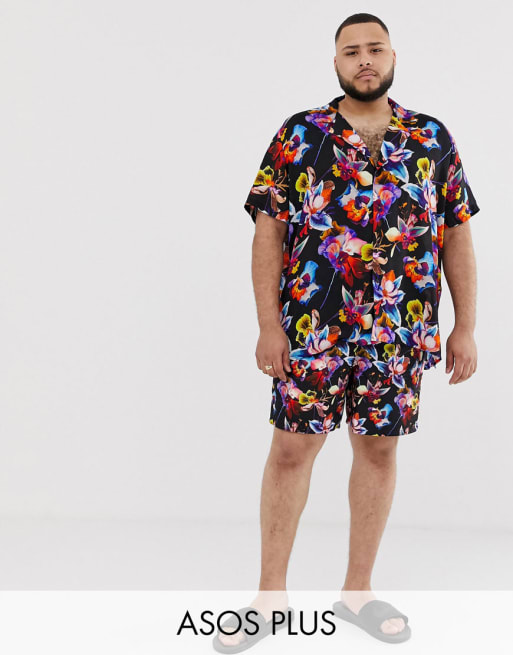ASOS DESIGN - Plus - Combi-set van overhemd en zwemshorts met felle bloemenprint