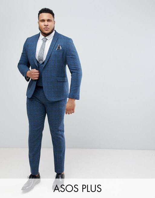 ASOS DESIGN - Plus - Skinny geruit kostuum van wolmix in blauwe tinten