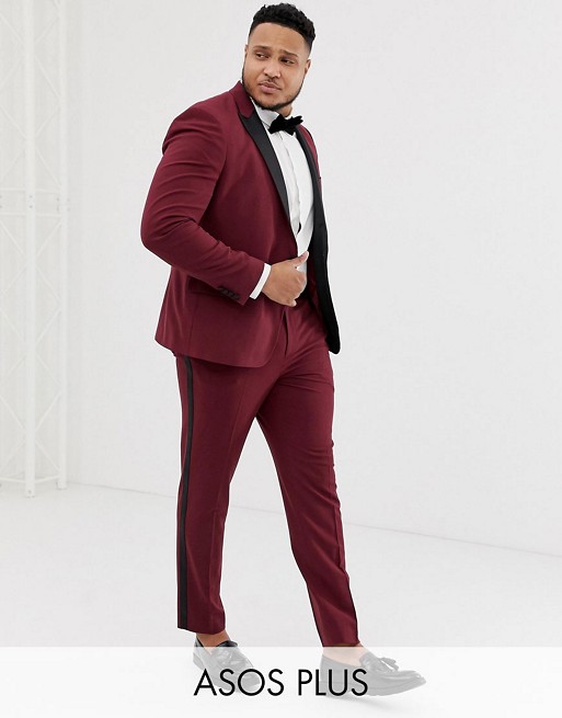 ASOS DESIGN Plus skinny tuxedo prom suit in plum