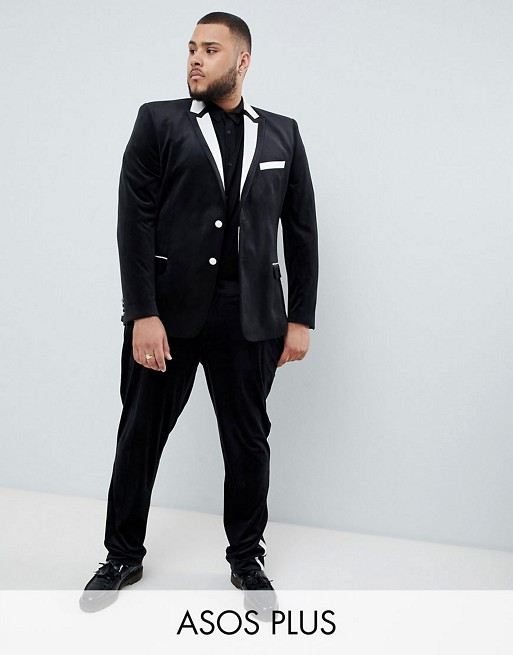 ASOS DESIGN Plus skinny tuxedo suit in black with white tipping