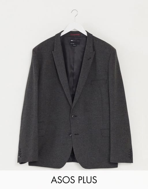 ASOS DESIGN Plus - Superskinny bruiloftskostuum met visgraatmotief in antraciet
