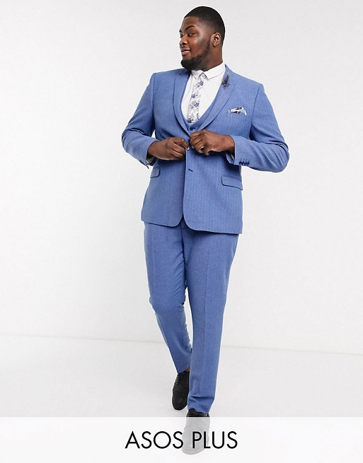 ASOS DESIGN Plus wedding super skinny suit in cornflower blue herringbone