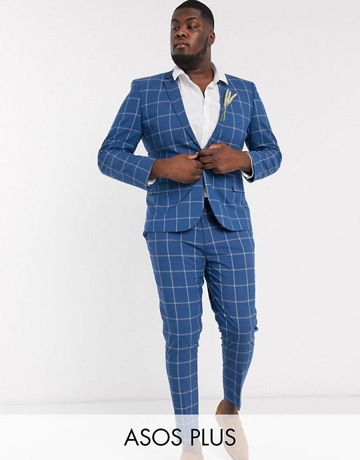ASOS DESIGN Plus wedding super skinny suit in light blue windowpane check