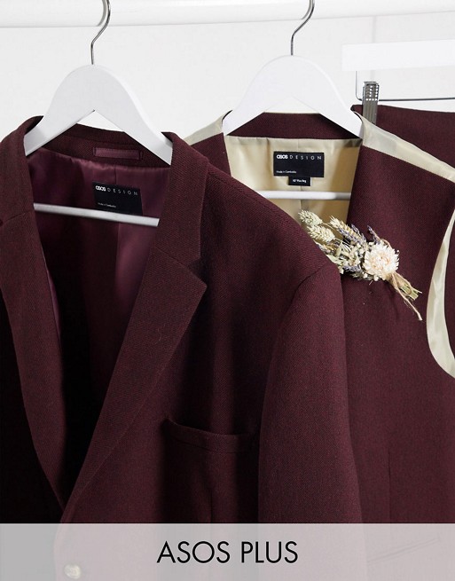 ASOS DESIGN Plus wedding super skinny wool mix suit waistcoat in burgundy
