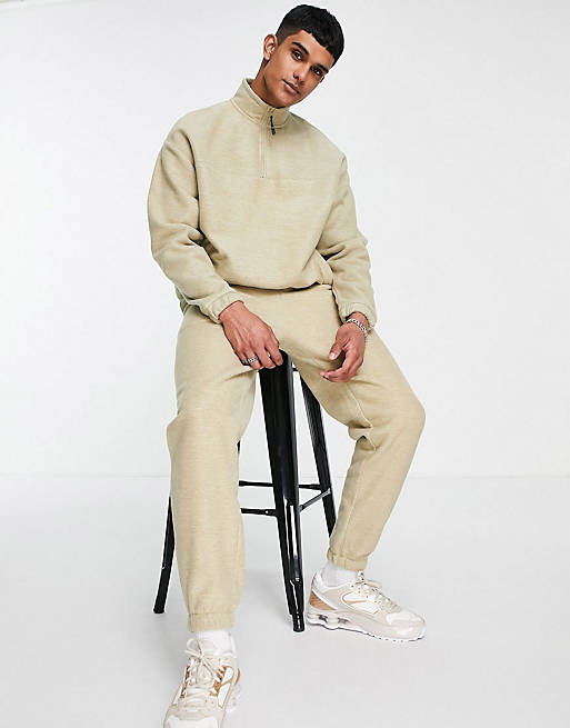 ASOS DESIGN polar fleece half zip sweatshirt and jogger in beige marl