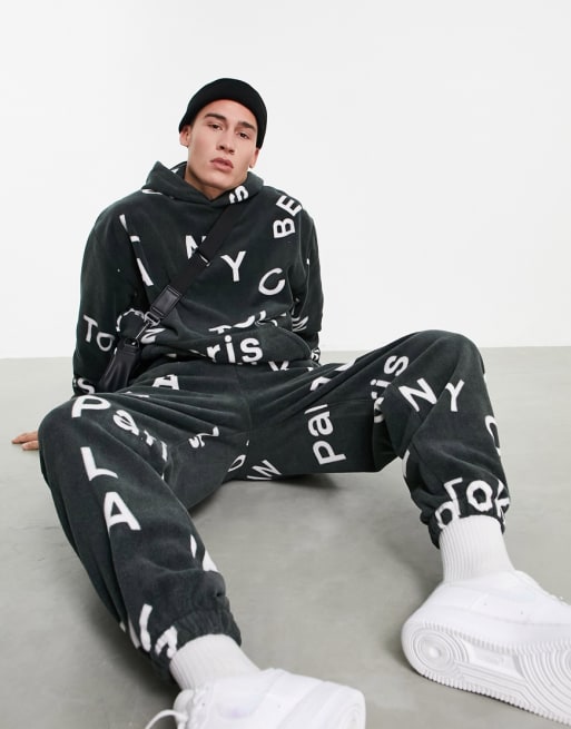 ASOS DESIGN polar fleece oversized hoodie and sweatpants set with all over city 