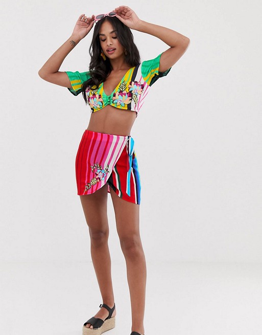 ASOS DESIGN Premium beach crop top in rainbow stripe with embroidery co-ord