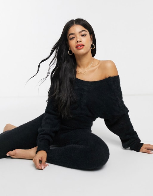 ASOS DESIGN premium lounge wrap back fluffy knitted sweat & legging set