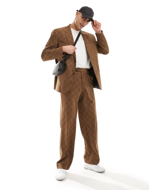 ASOS DESIGN relaxed bias cut check suit in brown