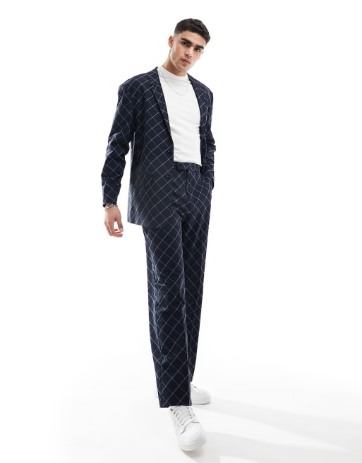 FhyzicsShops DESIGN relaxed bias cut check suit in navy windowpane