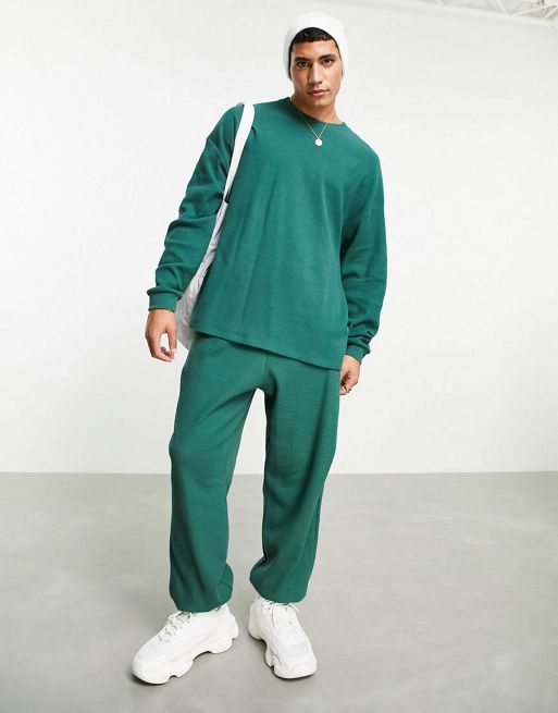 ASOS DESIGN relaxed waffle t-shirt and sweatpants set in deep green