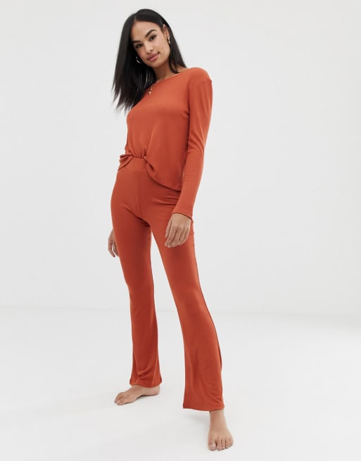 ASOS DESIGN ribbed top with slashed neck and flare trousers | ASOS