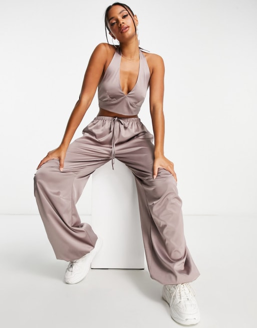 ASOS DESIGN satin bralette, pant and robe pajama set in chocolate