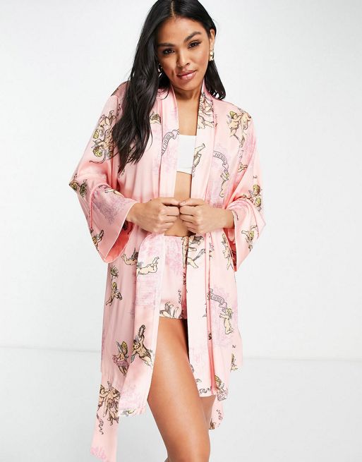 ASOS DESIGN satin cupid print pyjama set in pink | ASOS