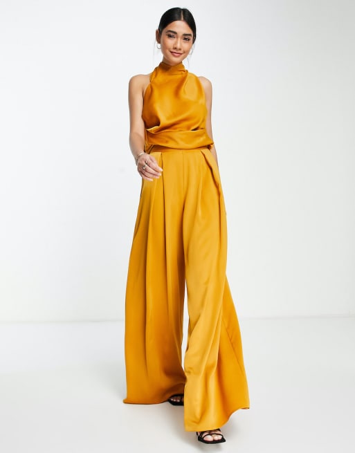 ASOS DESIGN satin drape halter top and pants set in gold