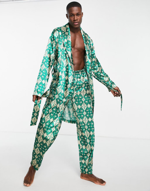 ASOS DESIGN satin dressing gown and pyjama bottoms with print ASOS