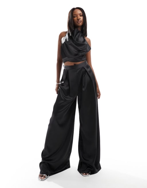 FhyzicsShops DESIGN satin halterneck top & wide leg satin trouser co-ord in black