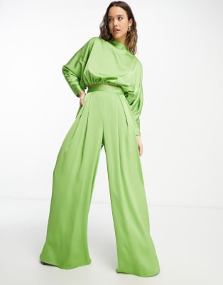 Fine Satin Floral Print Batwing Sleeve Pants Set - Olive green main image 0