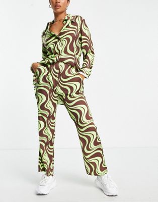 ASOS DESIGN Petite satin flare trouser co-ord in mint and chocolate swirl print