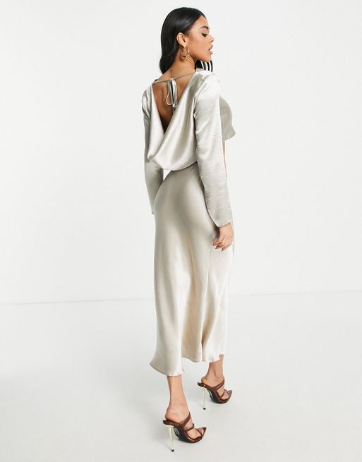 ASOS Design satin silver cowl top and midi skirt set | ASOS