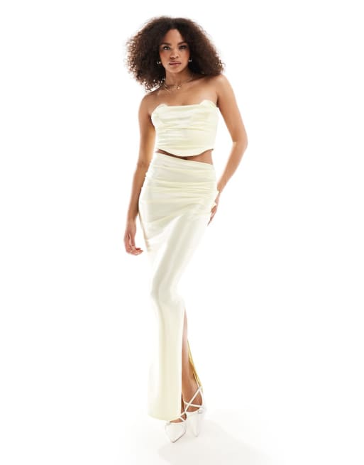 ASOS DESIGN satin twill strapless top with v bar and maxi skirt set in lemon