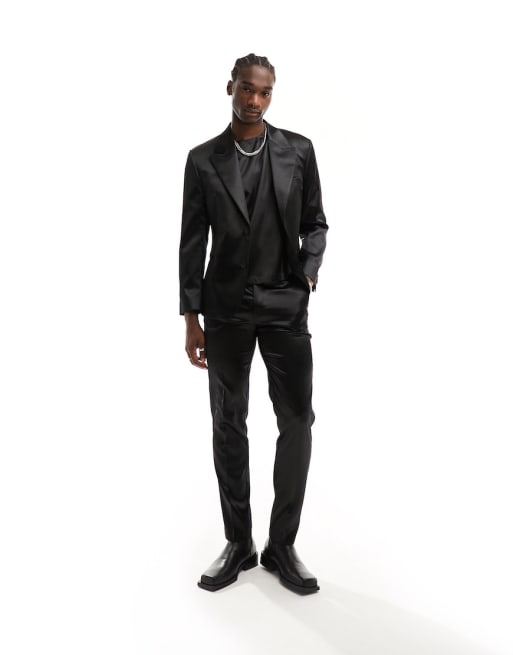 ASOS DESIGN – Schmal geschnittener Satin-Anzug in Schwarz
