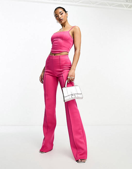 ASOS DESIGN scuba corset cami top and straight leg pants set in pink