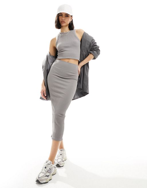  ASOS DESIGN seamless mixed rib vest top & midi skirt co-ord in dark grey