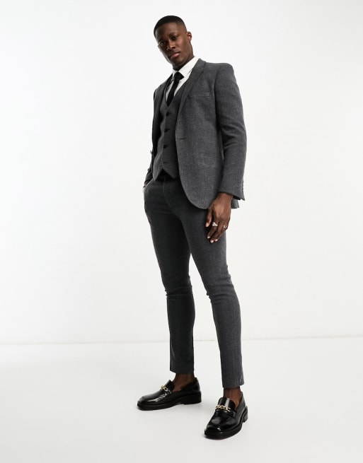 ASOS DESIGN – Sehr eng geschnittener Anzug aus Wollmix in Anthrazit mit Fischgrätmuster