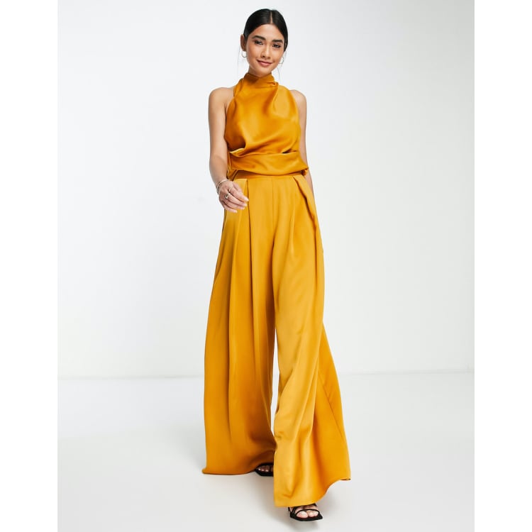 Yellow Halter Wrap Top And Palazzo Satin Pants Set – IRHAZ