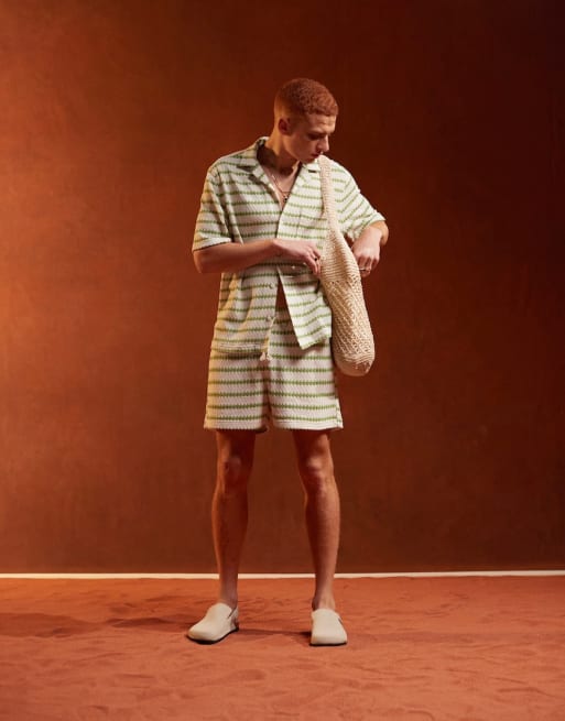 ASOS DESIGN set with textured stripe in green and ecru
