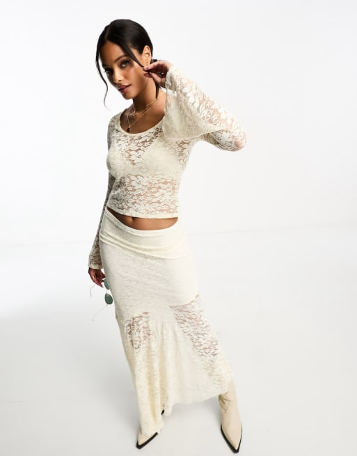 ASOS DESIGN prarie tiered lace maxi skirt in cream