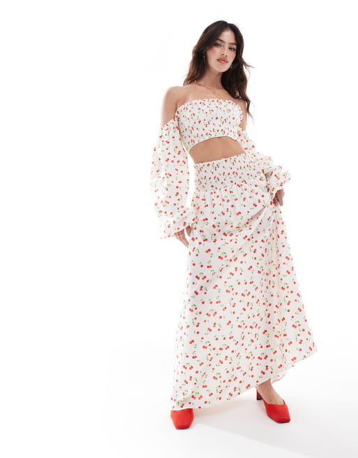 ASOS DESIGN shirred waist maxi skirt & off shoulder top in cherry print co-ord