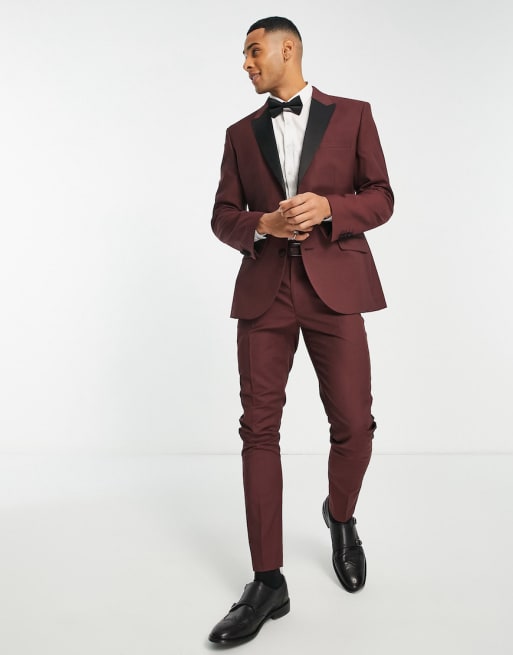 ASOS DESIGN sk tuxedo suit in burgundy