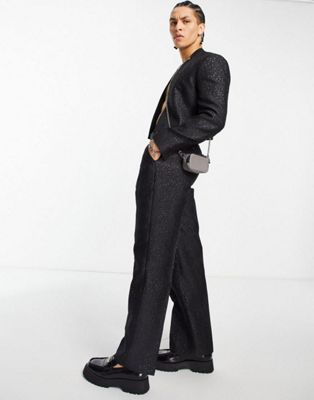 ASOS DESIGN skinny collarless suit in black metallic jacquard