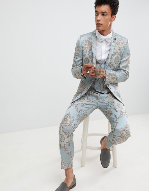 ASOS DESIGN - Skinny kostuum van lichtblauw jacquard met papegaai van lovertjes