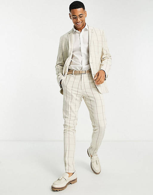 ASOS DESIGN skinny linen mix suit in ecru and brown grid check