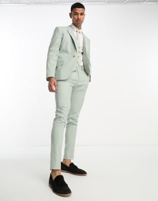 Asos Design Skinny Linen Mix Suit In Sage Green 