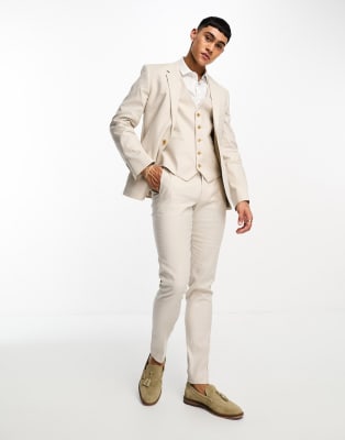 Asos Design Skinny Linen Mix Suit In Stone 