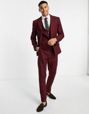 ASOS DESIGN skinny linen mix suit waistcoat in burgundy