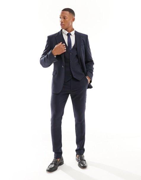 ASOS DESIGN - Skinny pak van wolmix met breed visgraatmotief in marineblauw - view 1