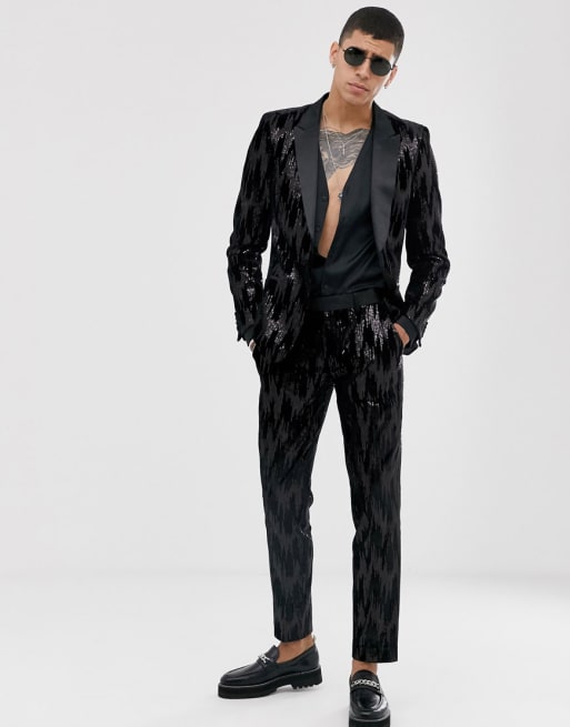 ASOS DESIGN skinny suit in black velvet and sequins